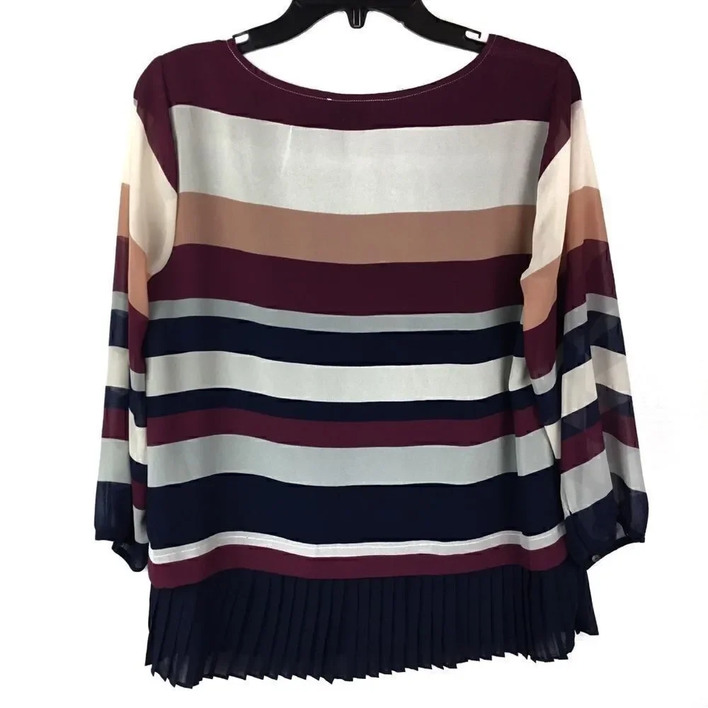 Skies are Blue Blouse Pleated Hem Ivory Blue Maroon Tan Striped Small